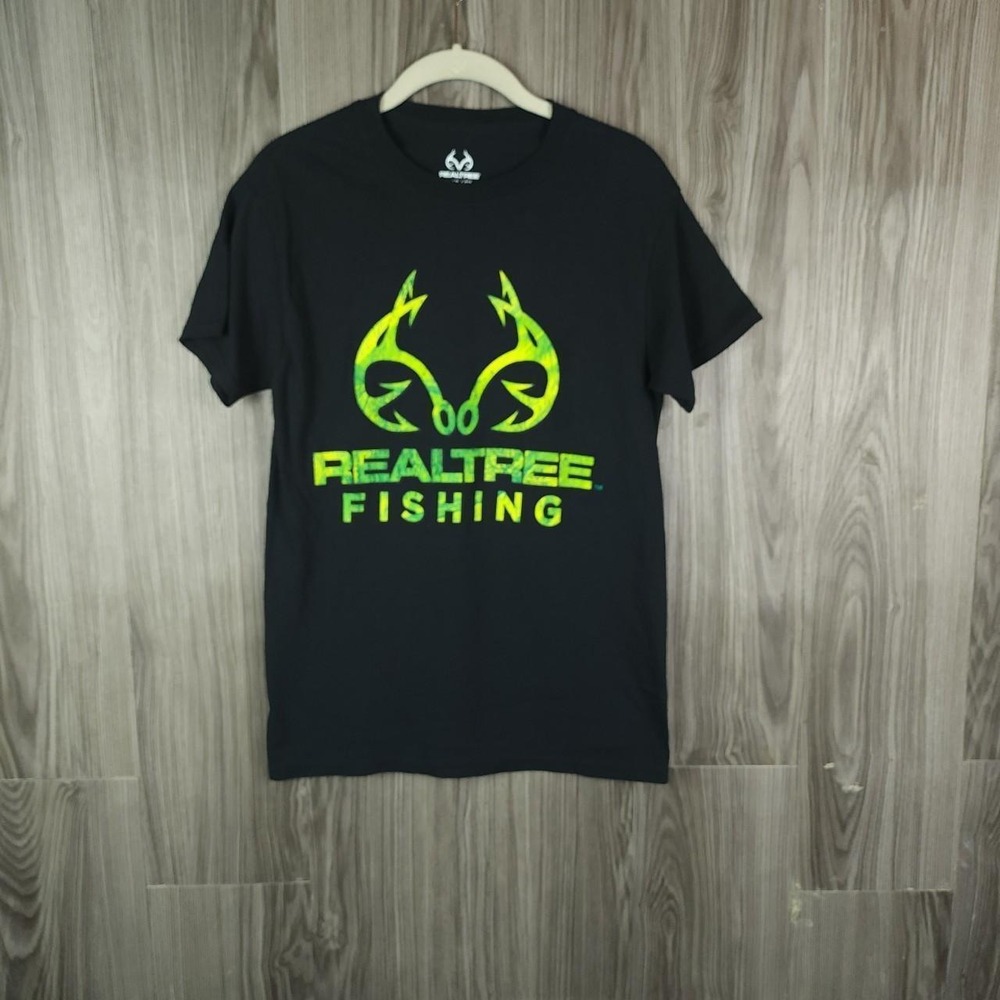Realtree Fishing Mens Graphic T-Shirt Black Neon Green Fish Hook Logo Small